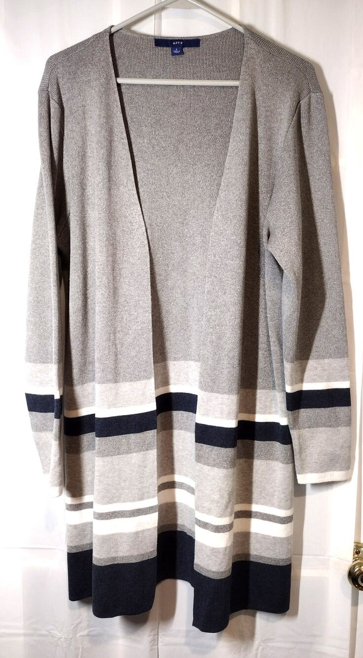 Apt 9 Large Gray Navy Open Front Striped Cardigan Duster Cozy Classic Minimalist